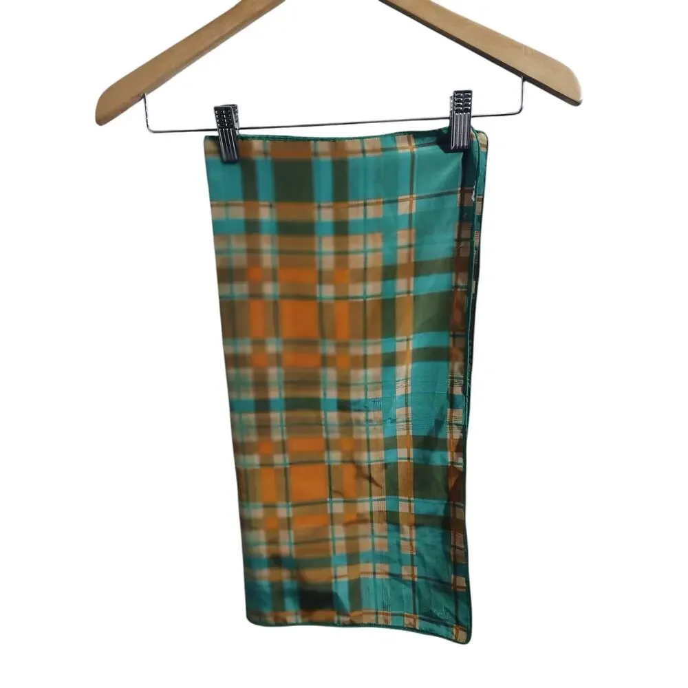 Vintage Vera Plaid Sheer Scarf Aqua Teal Tan Chiffon Neck Scarf Retro Preppy